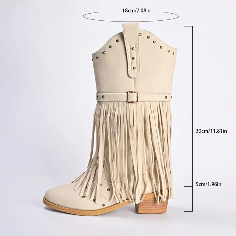 Street Style Rivet Tassel Boots Women 2025 New Beige Plus Size 36-43 Mid-Calf Boots for Woman Pointed Toe Zipper Up Botas Female