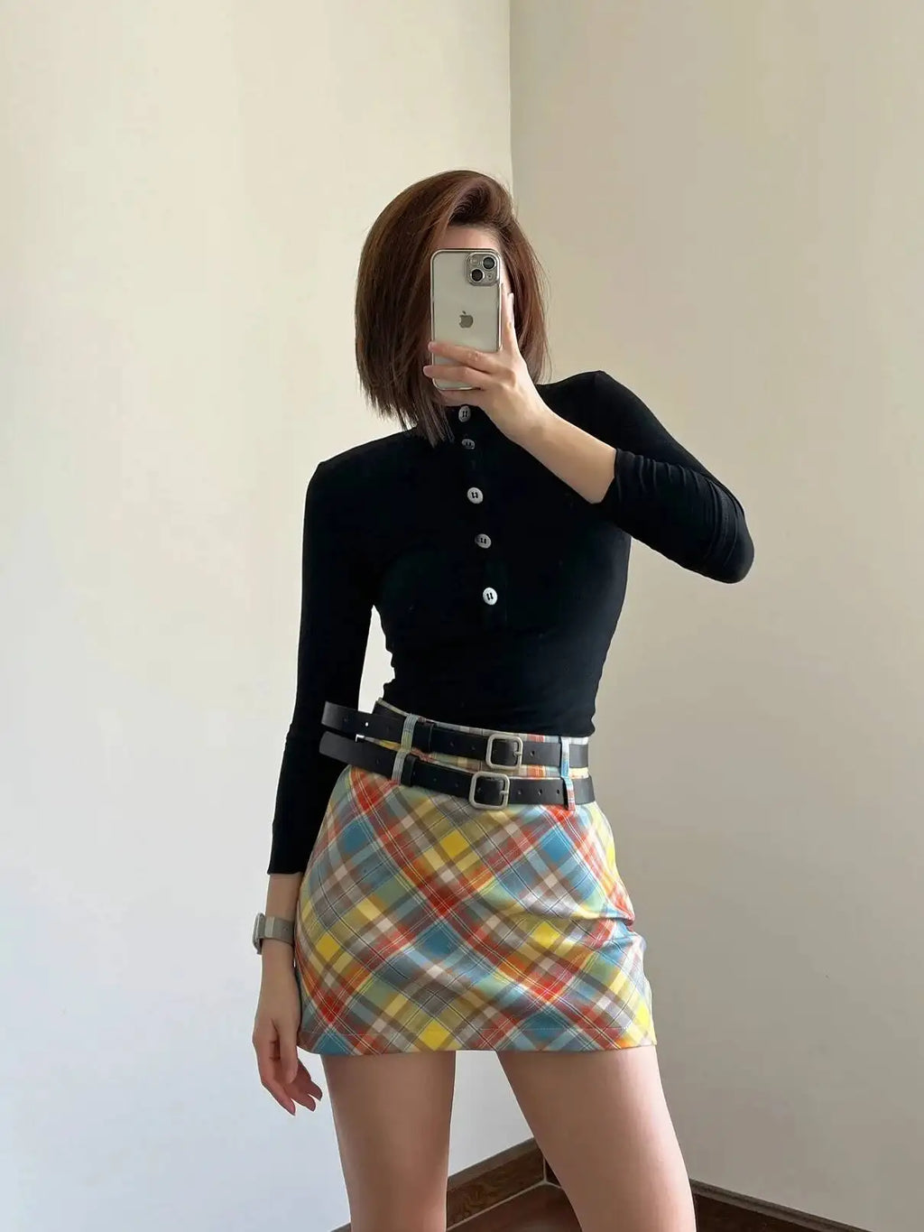 Plaid Double Waistband A-line Short Skirt  Women American Style Street High Waist Casual Collision Color Wrap Hip Skirt OJR7