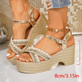 Luxury Golden Chunky High Heel Sandals Women Rivets Cross Strap Platform Wedges Sandles Woman Plus Size Summer Rome Sandalias 43