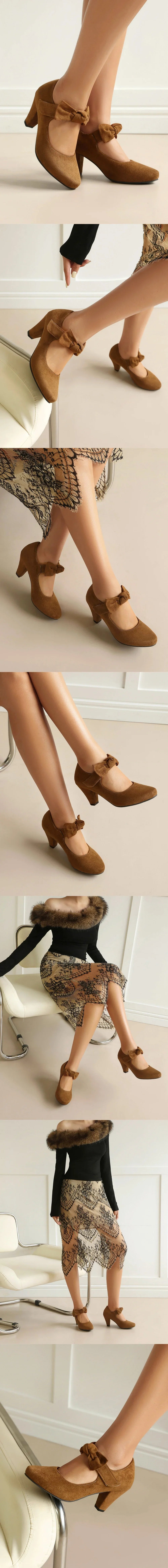 2026 Plus Size 45 Vintage Bowknot Bow Mary Jane Shoes Women 7cm High Heeled Retro Suede Look Brown Lolita Block Heel Pumps