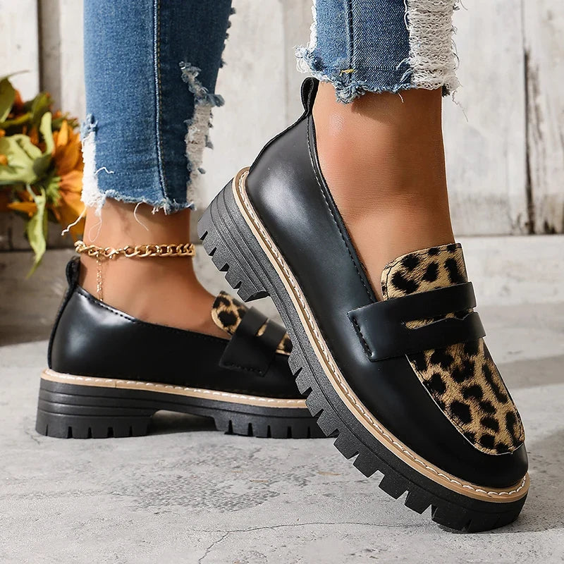 Fashion Leopard Print Platform Loafers Women Plus Size 43 Slip On Pu Leather Shoes Woman Comfort Thick Bottom Office Work Shoes
