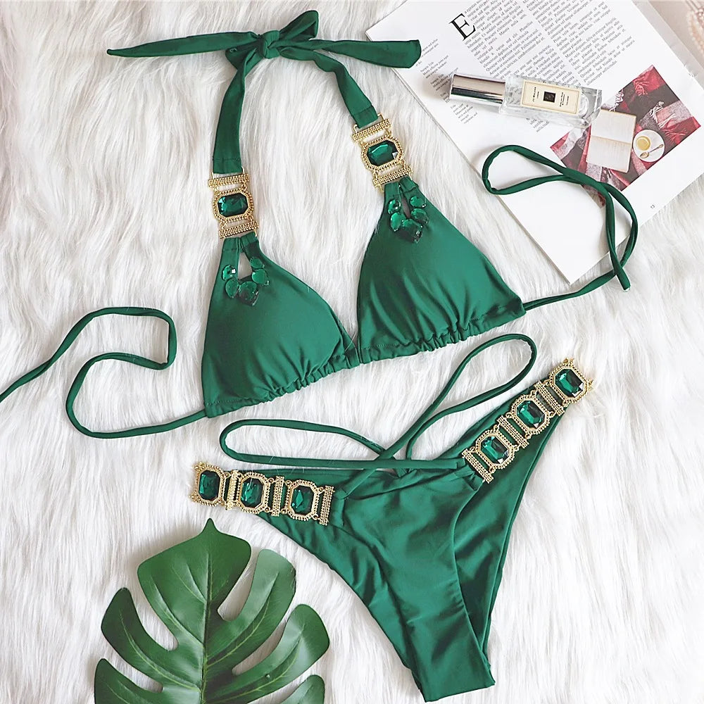 DEKA Solid Green Rhinestones Bikini Set Women Push Up Glitter Diamond Swimsuit Chain Metal Bathing Suit Luxury Thong Swimwear