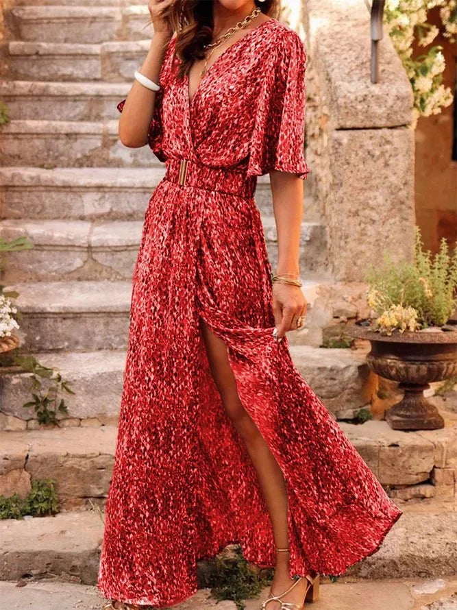 Spring Summer Printed Dress Short Sleeved Deep V-neck Slimming Waist Long Dresses Temperament Slit Dresses Vestidos Para Mujer