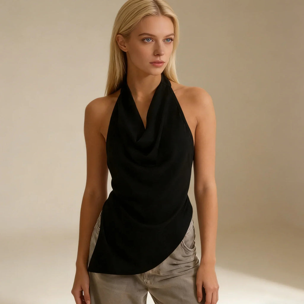 Women’s Solid Color Satin Cowl Neck Halter Tops Summer Fashionable Backless Slim Fit Going Out Vest