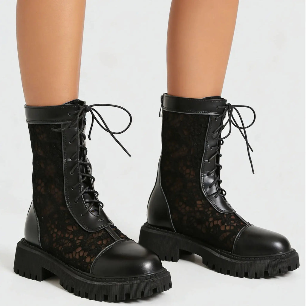 2026 New Big Size 45 Chic Black Lace Mesh Summer Boots Women Round Toe Square Heels Shoelace Zip-up Mid-calf Boots Shoes