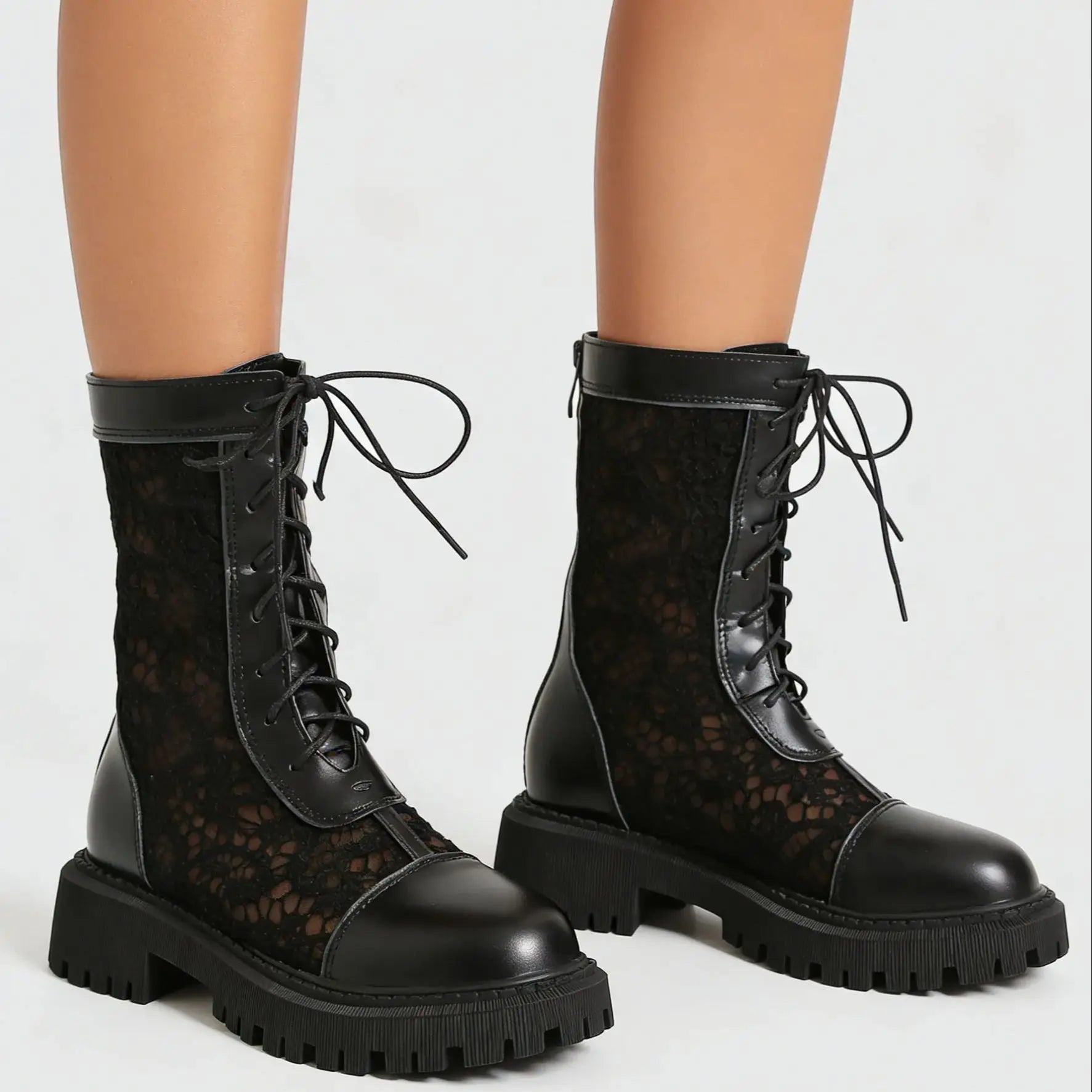 2026 New Big Size 45 Chic Black Lace Mesh Summer Boots Women Round Toe Square Heels Shoelace Zip-up Mid-calf Boots Shoes