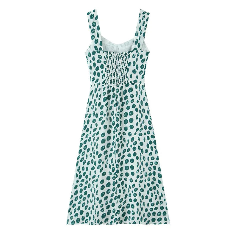 French Style Low-cut Polka Dot Print Camisole Dress For Women Sexy Side Slit Waist-cinching Mid-length Beach Dress Charming WYLB