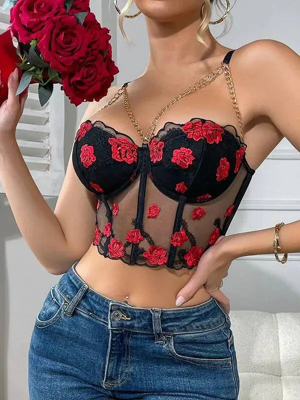Spicy Girl Fishbone Bra Floral Strap Camisole Sexy Underwire Tube Top Flower Embroidered Top Transparent Pure Desire Casaul OCI1