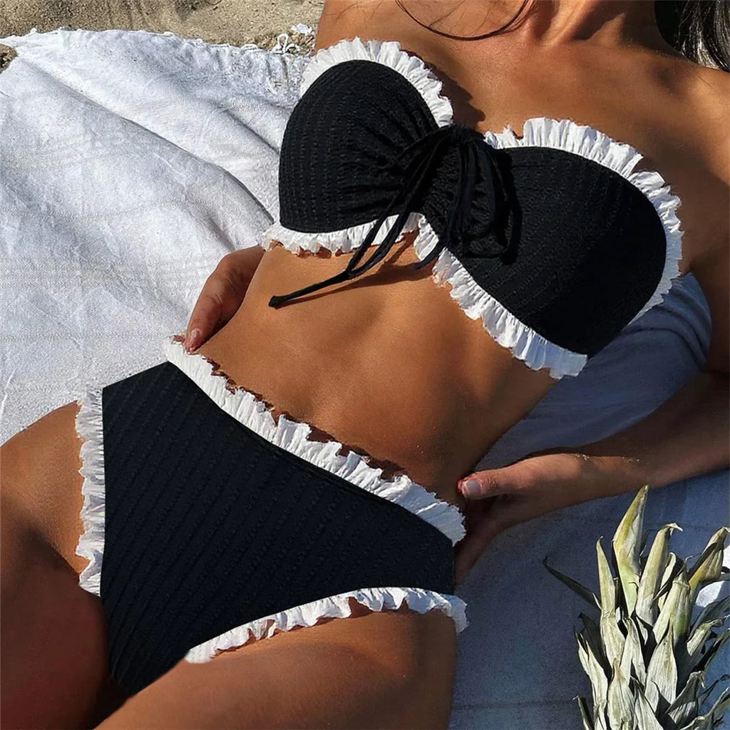 Bandeau Splicing Frilled Female Swimsuit High Waist Bikini Women Swimwear Two-Pieces Bikini Set Bather Bathing Suit Swim V7039