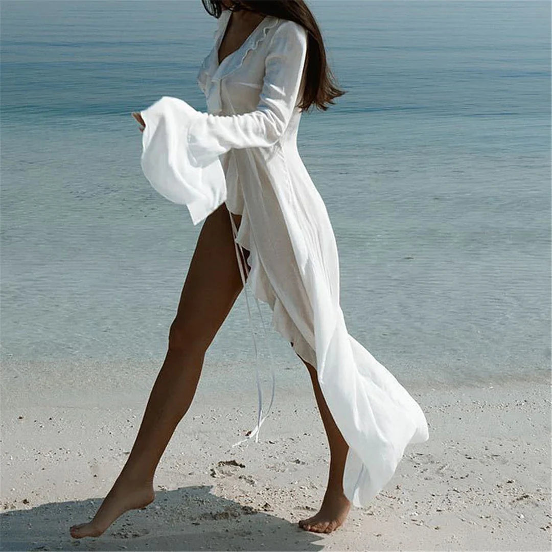 New Sexy V Neck Ruffled Long Sleeve Chiffon Tunic Beach Cover Up Cover-ups Beach Dress Beach Wear Beachwear Female Women V5976
