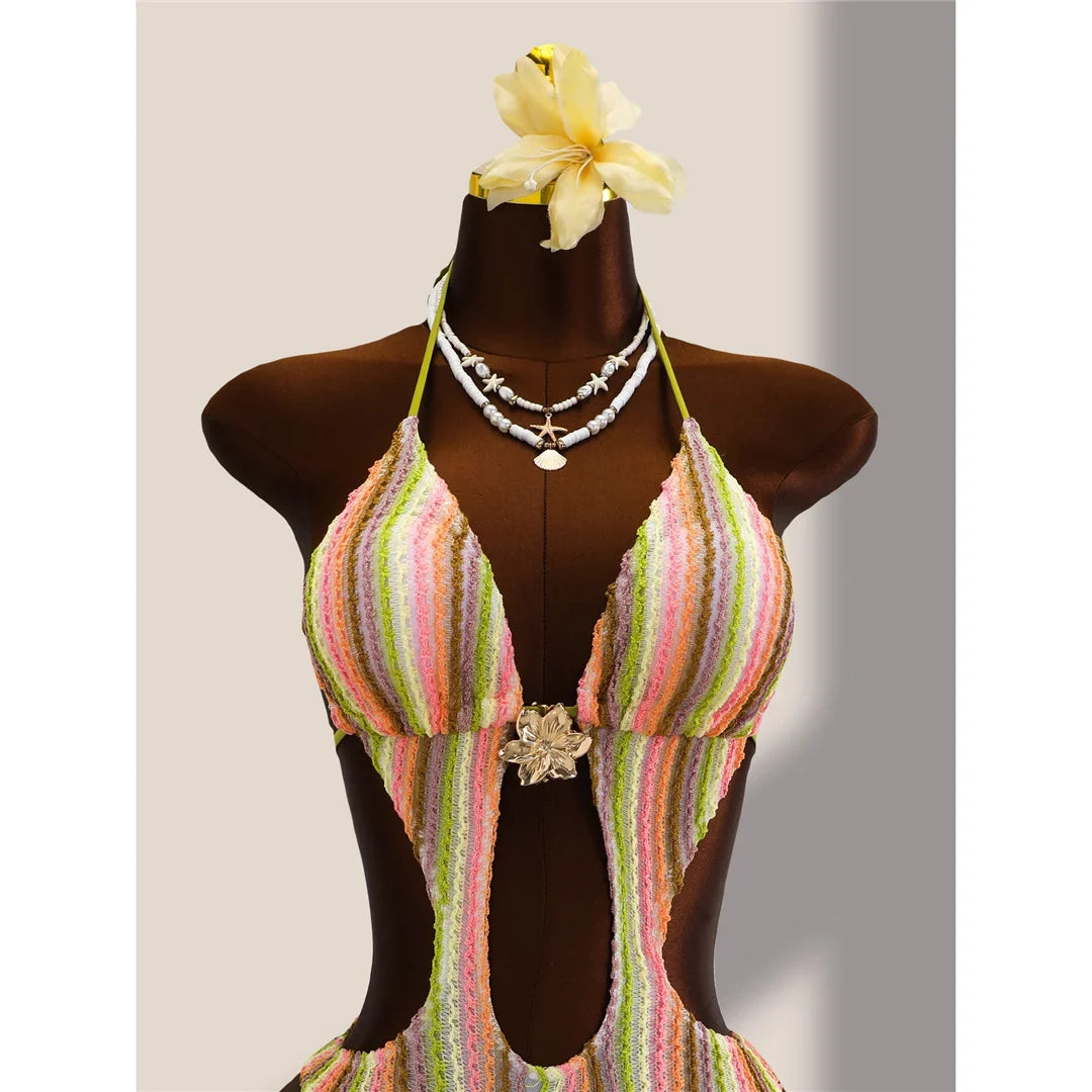 Striped Colorful Halter Cut Out One Piece Swimsuit Women Swimwear Female Monokini High Leg Cut Bather Bathing Suit Swim V8304