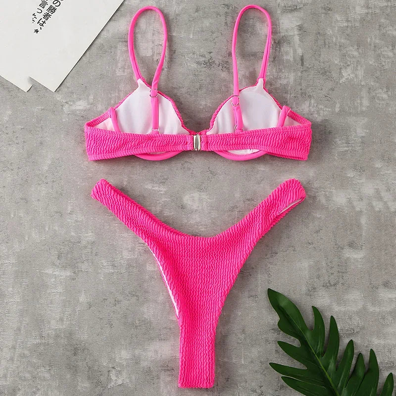 Wrinkled Underwired V-Bar Bikini Swimsuit Female Swimwear Women Two-pieces Bikini set High Cut Bather Bathing Suit Swim Lady