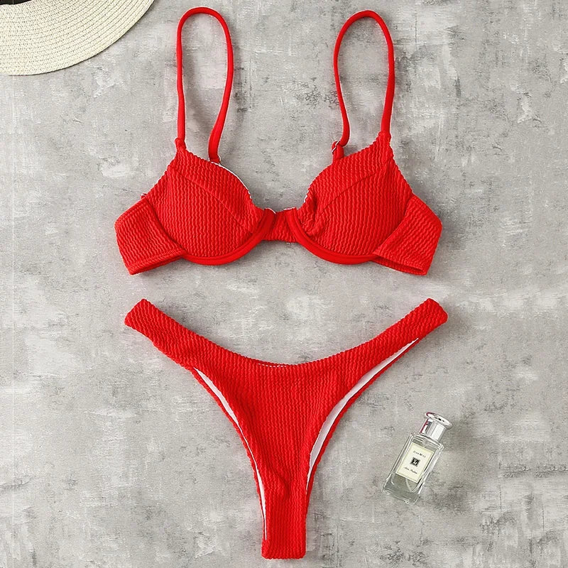 Wrinkled Underwired V-Bar Bikini Swimsuit Female Swimwear Women Two-pieces Bikini set High Cut Bather Bathing Suit Swim Lady