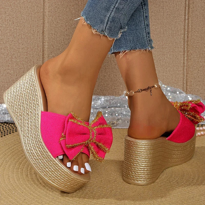 Street Bow Knot Chunky Platform Slippers Women Fashion Round Toe High Heel Sandals Woman Plus Size Wear-Resistant Slides Mujer