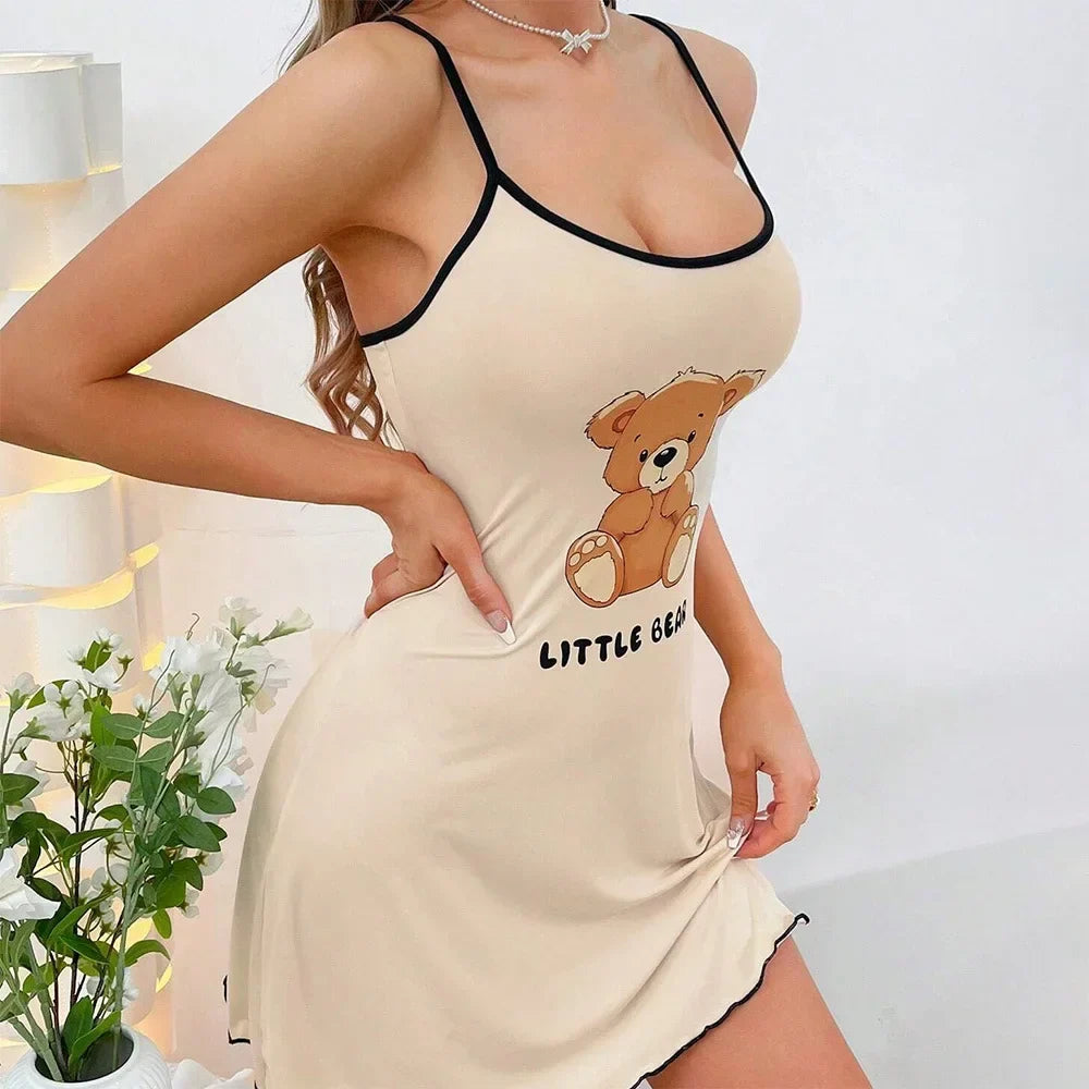 Women Summer Sleepwear Littler Bear Printed Suspenders Mini Dress Comfortable Home Leisure Sexy Nightgowns Nightdress