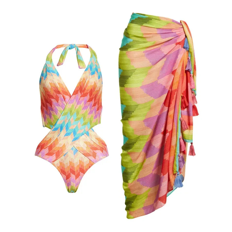 2025 New 2PC Push Up Women Bikini Set Skirt Floral Printed Bikinis Strappy Bandage Swimwear Brazilian Biquini Bathing Suit