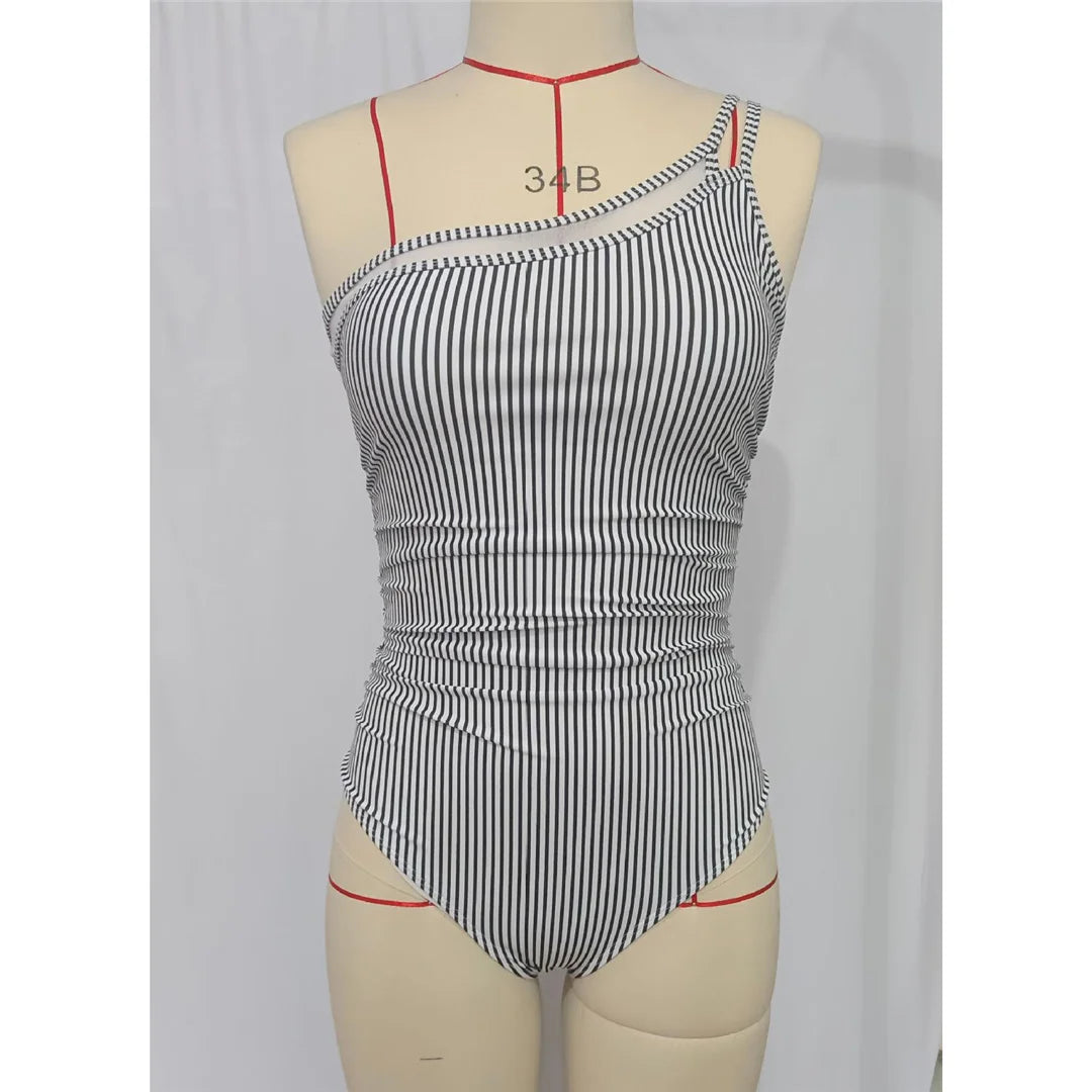 S - XXL Sexy One Shoulder High Cut Leg One Piece Swimsuit Women Swimwear Female Striped Monokini Bather Bathing Suit Swim K7096