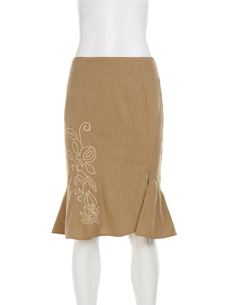 Trendix Women's Vintage Midi Skirt 2026 Summer High Waist Slim Ruffle Fishtail Skirts Party Side Slit Elegant Embroidery Skirt