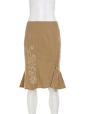 Trendix Women's Vintage Midi Skirt 2026 Summer High Waist Slim Ruffle Fishtail Skirts Party Side Slit Elegant Embroidery Skirt