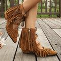 Women's Vintage Fringe Summer Ankle Boots Bohemian Buckle Straps Pointed Toe Ethnic Tassel Hollow Out Western Cowgirls Shoes
