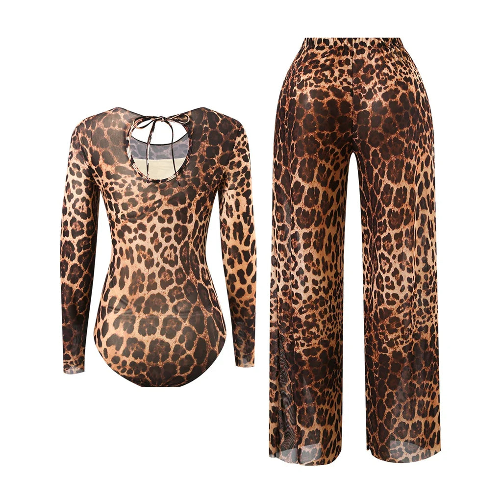 S - XXL 2026 With Pants Long Sleeve Leopard Women Swimwear One Piece Swimsuit Female High Leg Cut Bather Bathing Suit Swim V7349