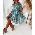 Summer Lady Ruffle Mini A Line Dress Women Casual Floral Print Dresses O Neck Elegant Short Sleeve Midi Dress Vacation Vestidos