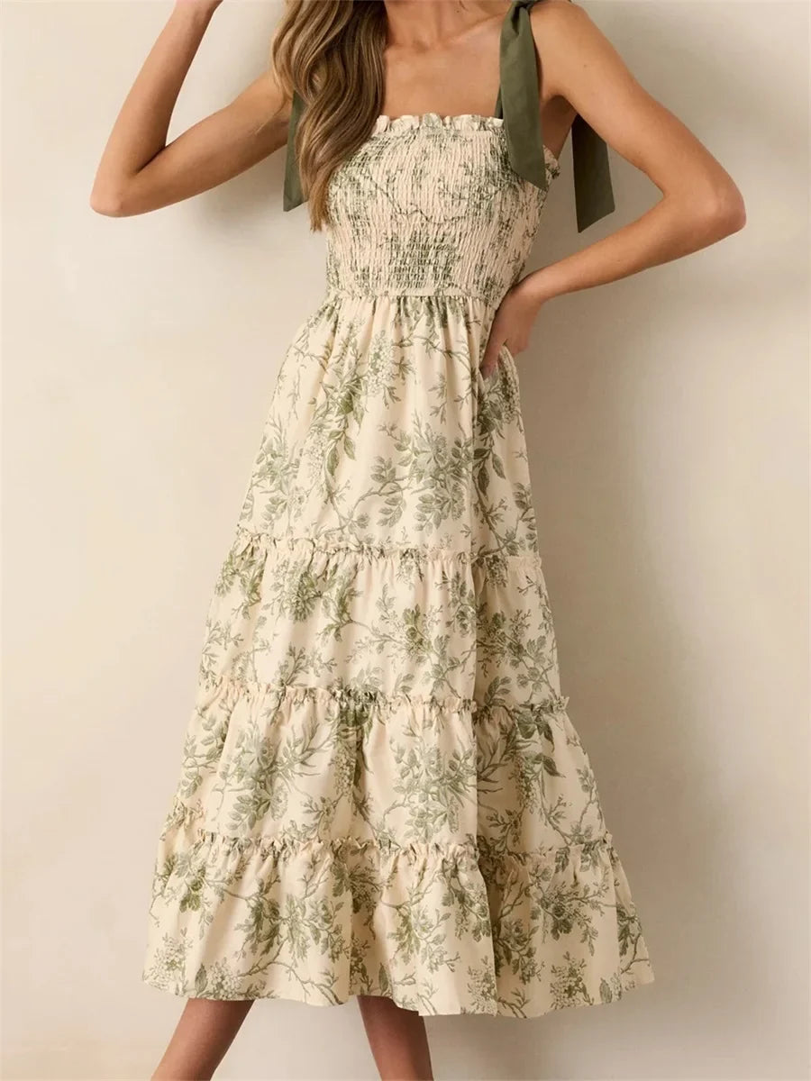 Women's Summer Floral Print Dresses Stylish Ruffled Trim Smocked Sleeveless Tie-Shoulder A-Line Dress