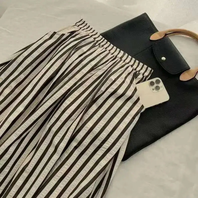 Retro Chic Solid Color Striped Skirt For Women In Summer, High Waisted And Slimming A-line Mid Length Umbrella Skirt Casual OHS8
