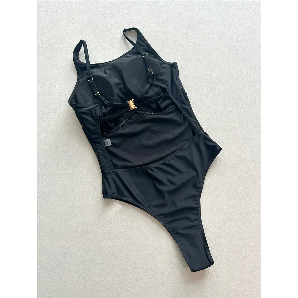 Metal Ring Backless Black Women Swimwear One Piece Swimsuit Female Brazilian High Leg Cut Padded Bather Bathing Suit Swim V7512