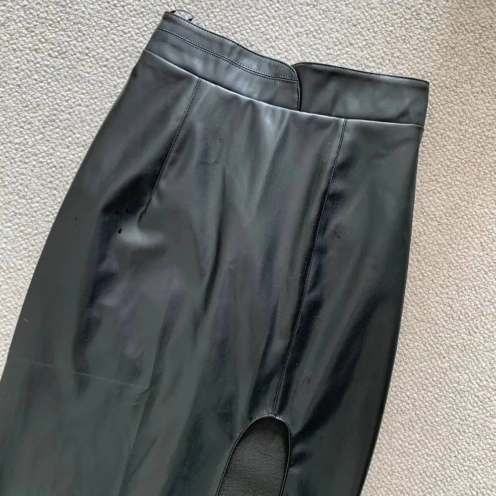 WOMENGAGA High Waist Slim Side Split PU Leather Skirt For Women Spring/Summer Irregular Split One Step Skirt Mid Length 761R