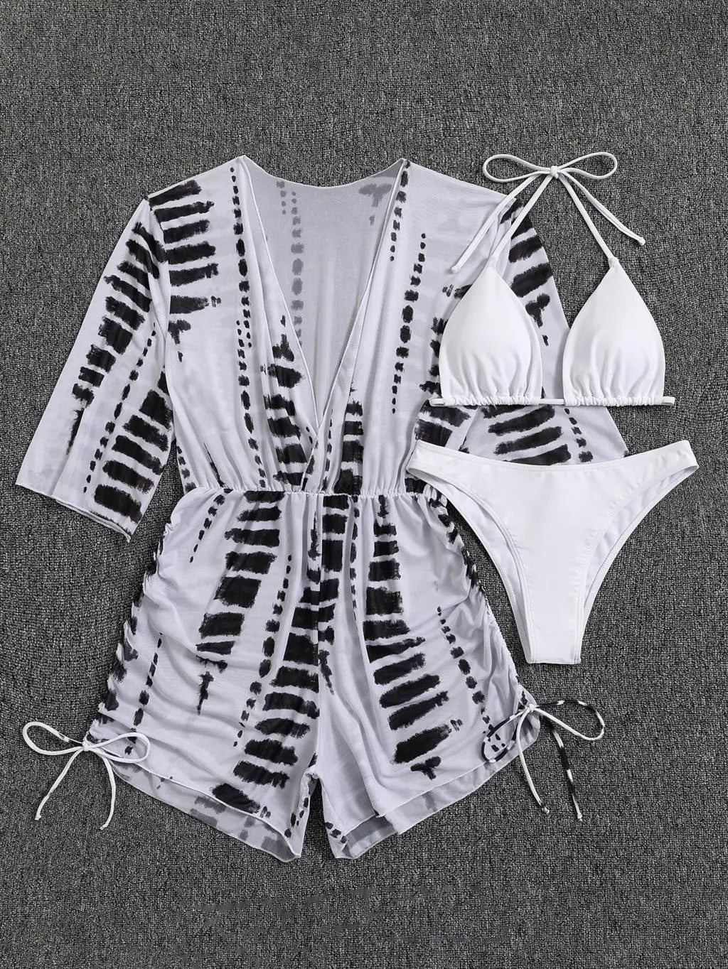 3 Pieces Bikini Tropical Print Swimsuit Halter Drawstring Side Swimwear Women 2026 Bathing Suit Female Swimming Summer Beachwear