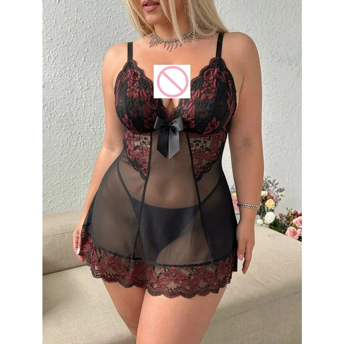 Plus size women's sexy bud mesh nightgown for fat MM plus size see-through sexy underwear
