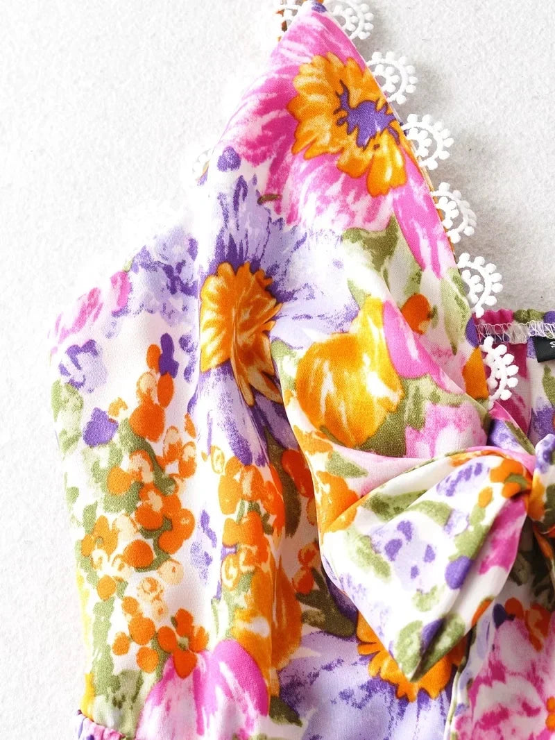 V Neck Bowknot Floral Print Boho Summer New Dress for Women Adjustable Strap Lace Patchwork Sundress Beach Casual Short Dress