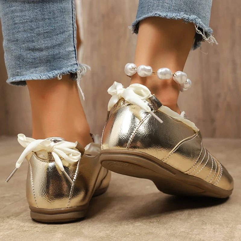 Sweet Ribbon Bowknot Ballet Flats for Women Plus Size 43 Gold Silver Platform Sneakers Woman Comfortable Soft Bottom Flat Shoes