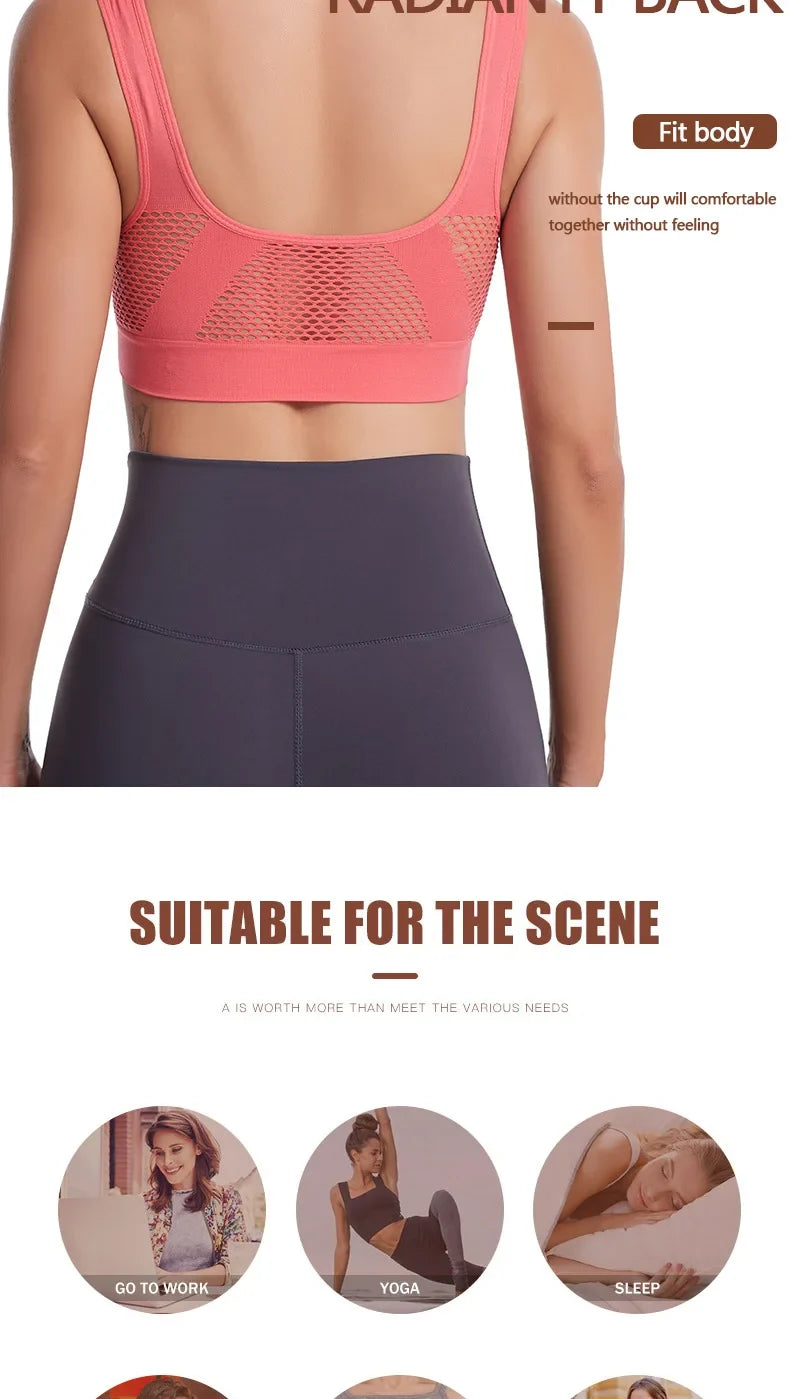 Sports Bra Women Hollow Mesh Gym Jogging Crop Top Female More Size Tops Yoga Fitness Vest Sujetador Push Up Sport Bras for Women