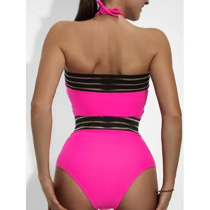 Sexy One Piece Swimsuit Swimwear Women Hollow Mesh Patchwork Halter High Waist Beachwear Bathing Suit 2026 Maillot De Bain Femme