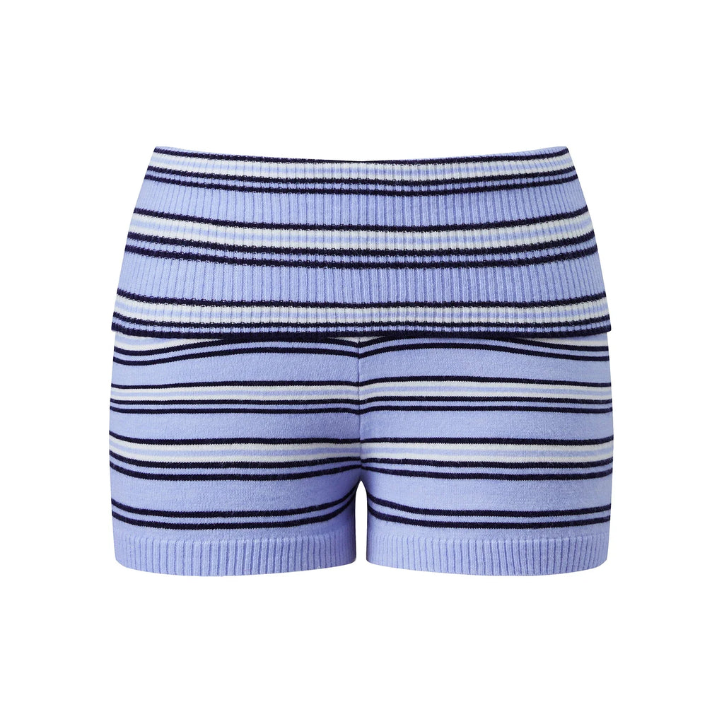 Women Knit Shorts Fold-Over Waist Elastic Comfy Striped Casual Shorts Pants Summer Fall Fashion Bohemian Short Pants