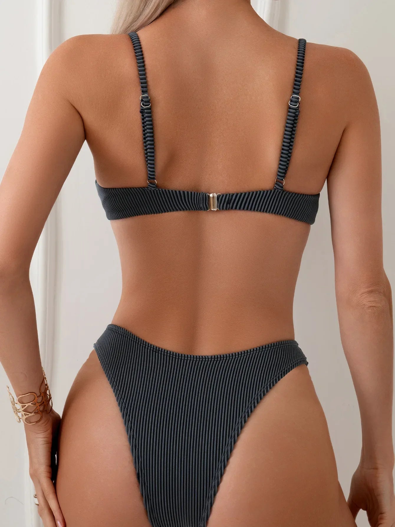 2026 New Women's Underwire Bikini Set,solid Color 2-piece Pit Striped Swimsuit,Fashion Sexy V-neck Bathing Suit with Chest Pad