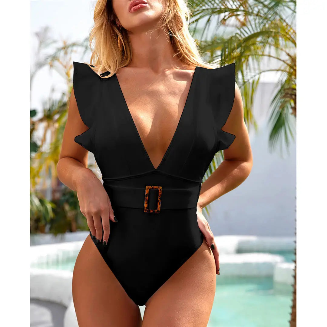New Sexy Ruffled White Deep V One Piece Swimsuit Women Swimwear Female With Belt Monokini Bather Bathing Suit Swim Lady V2198