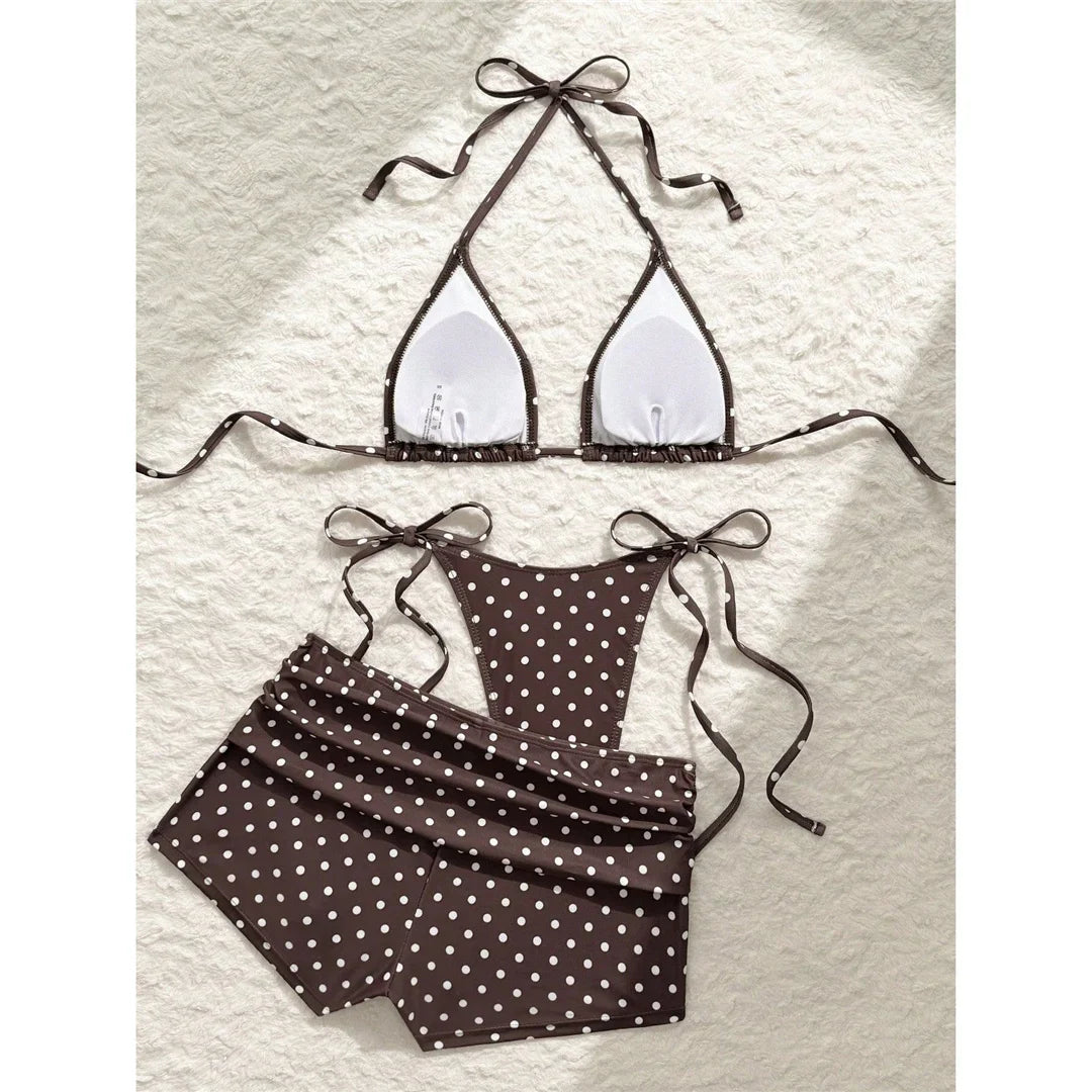 S - XL With Shorts Polka Dot Halter Bikini Female Swimsuit Women Swimwear Three-pieces Bikini Set Bather Bathing Suit Swim V8292