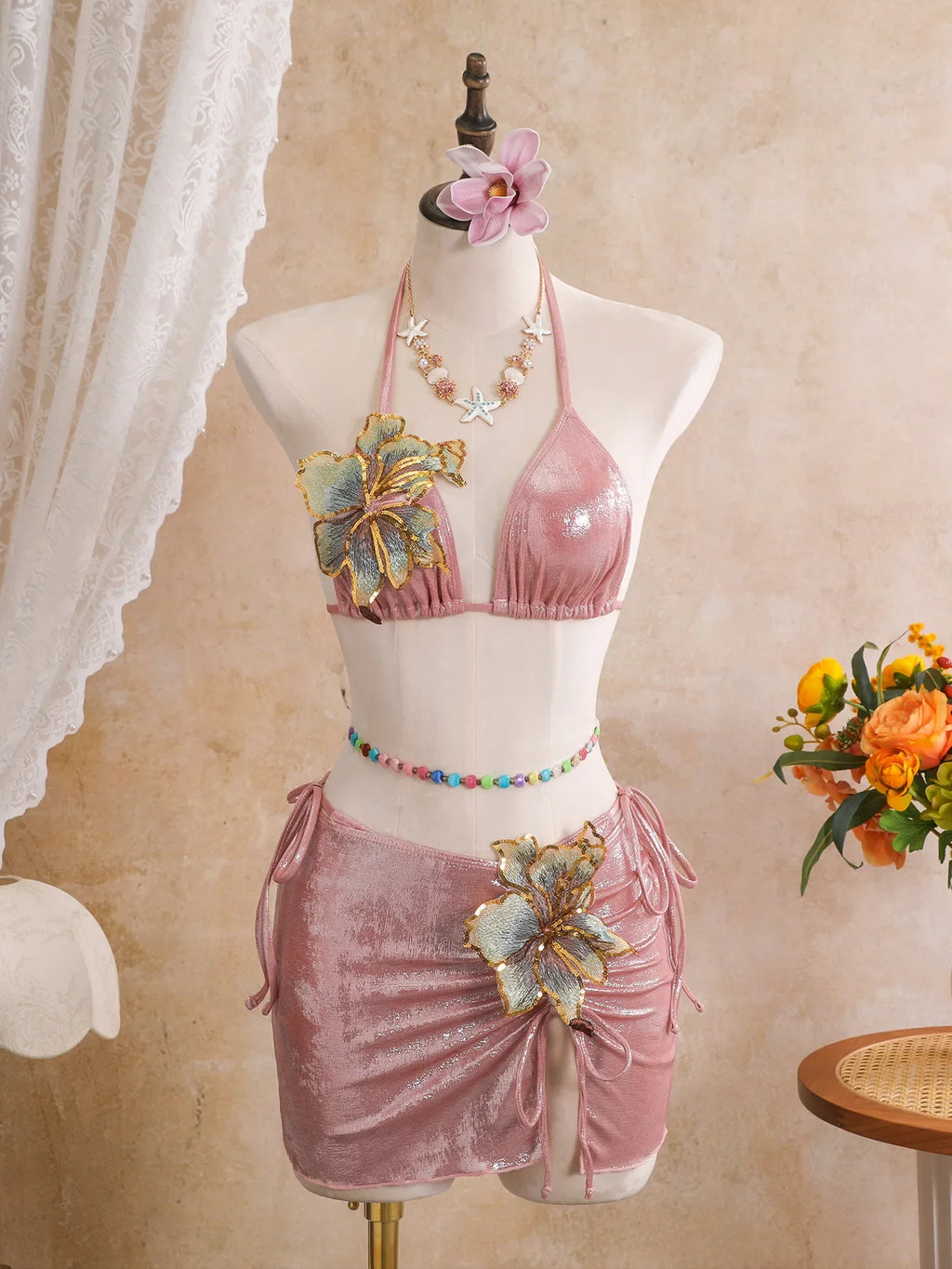 Women embroidery flower glitter metallic bikinis sets 3pcs with split mini skirt swimsuit bathing suit beach outfits biquini