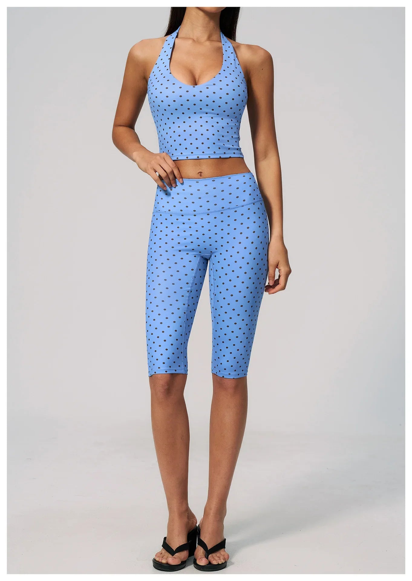 New Summer Women White Polka Dot Print Yoga Sets Hanging Neck Slim Sport Vest High Waist Mid Pants Gym Two-piece Workout Clothes