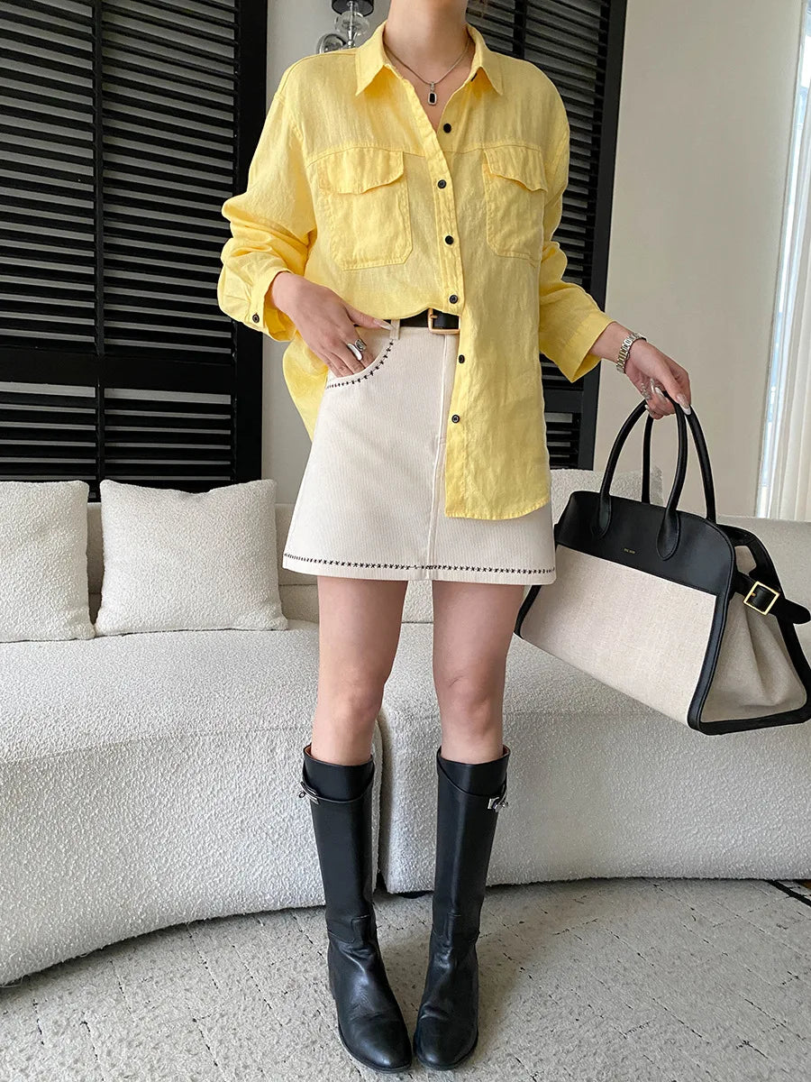 Women White Linen Blend Button Down Shirt Turn Down Collar Chest Pocket Loose Fit Blouse For Summer And Vacation Outfit KY7U