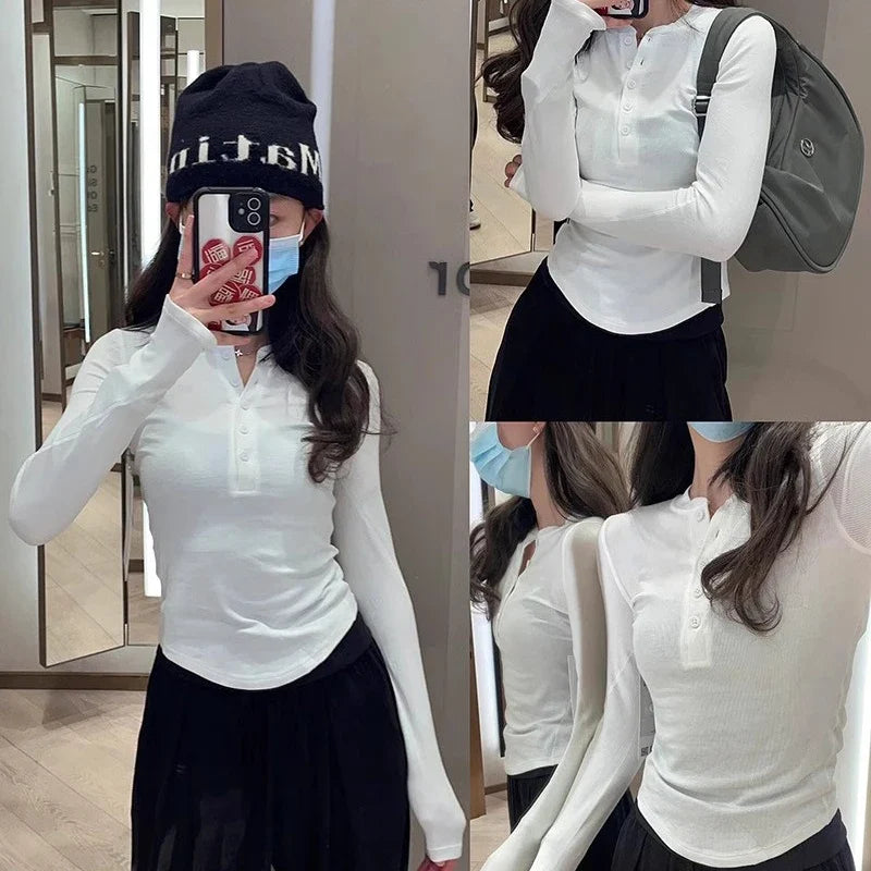 Women's fitness yoga suit, tight fitting long sleeved Henley shirt, running fitness base top
