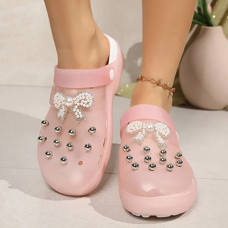 Pearls Bow Decor Platform Mules Sandals Women 2026 Anti Slip Sole Slip On Clogs Shoes Woman Breathable Thick Botom Beach Sandles