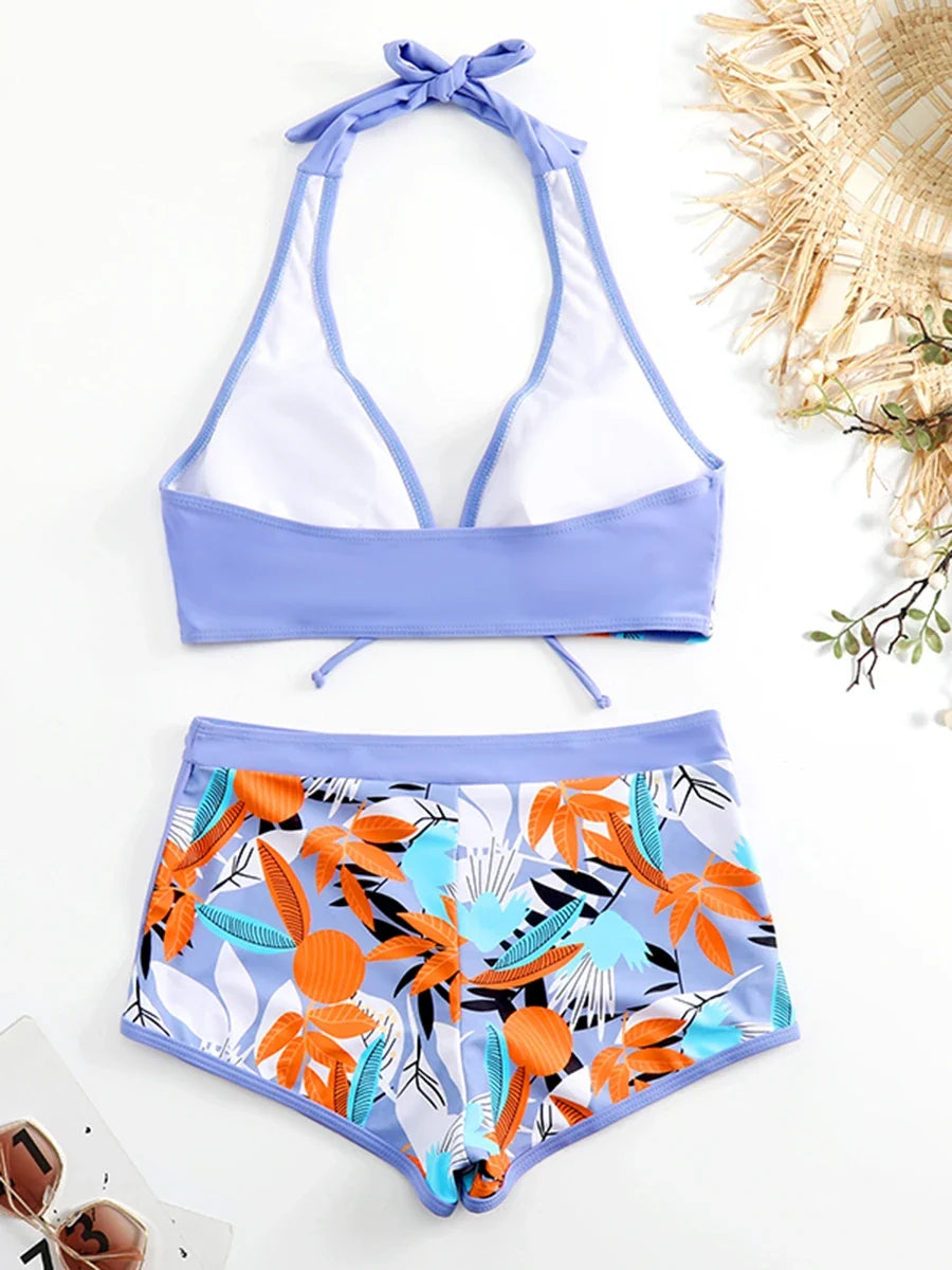 Halter Bikinis 2026 Women Printed Swimsuit Shorts High Waist Swimwear Female Bathers Swimming Bathing Suit Summer Beachwear