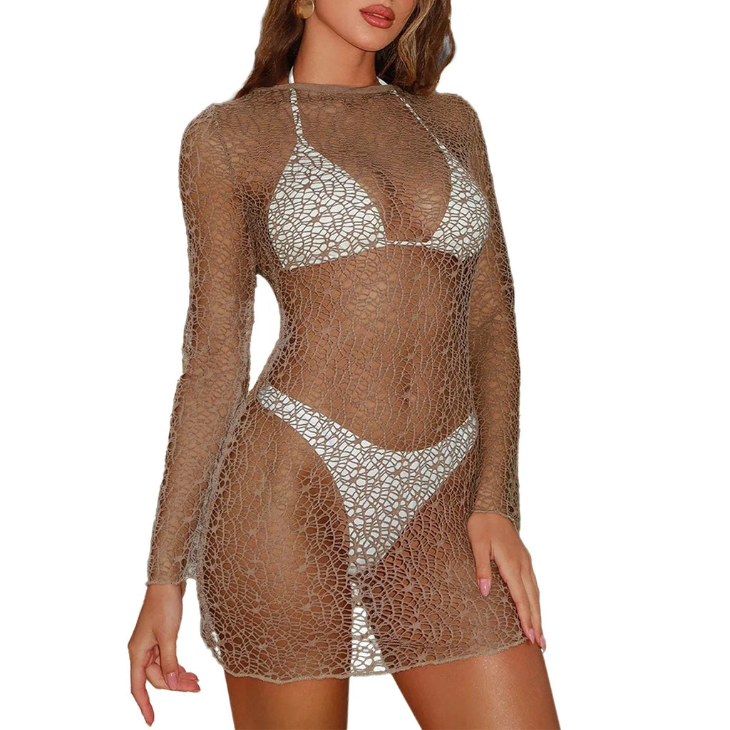Sexy hollow bikini swimsuit cover-up European and American summer solid color beach dress