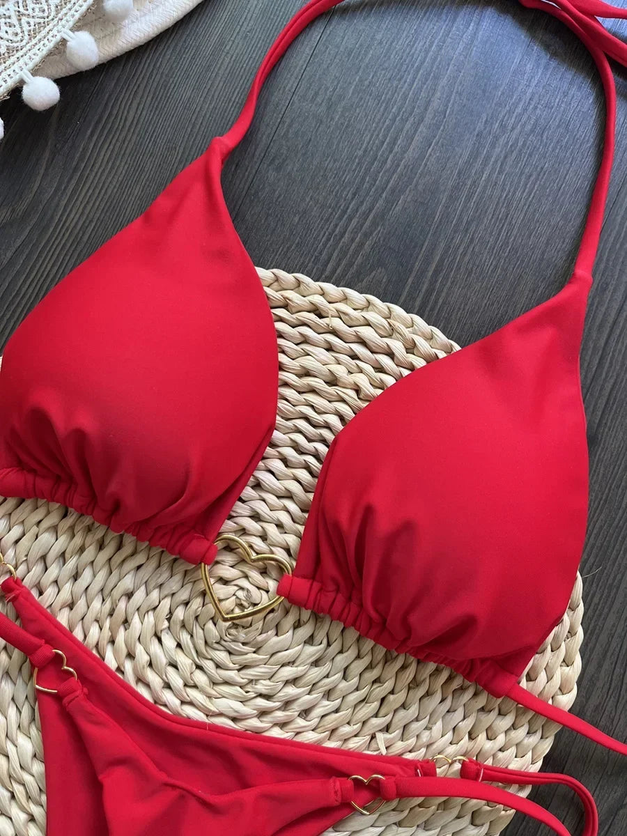 Metal Heart-shaped Halter Brazilian Bikini Female Swimsuit Women Thong Swimwear Two-pieces Bikini Set Bather Bathing Suit Swim