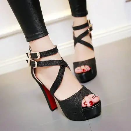 Women's Sandals Summer New Style Fashion Fish Mouth Open Toe Buckle Thick Heel High Heel Women's Shoes Plus Size 33-43 High 11cm