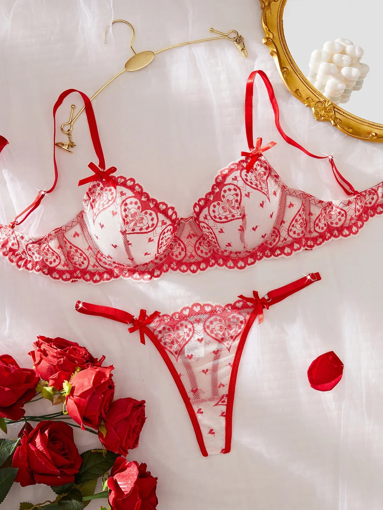 European and American erotic lingerie love lace print Valentine's Day pure desire push-up bra set